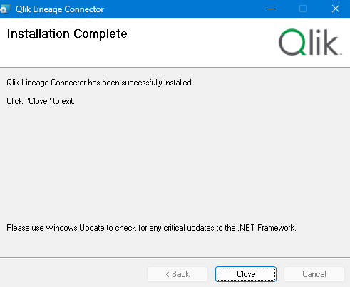 Instalação da tela do Qlik Lineage Connector concluída