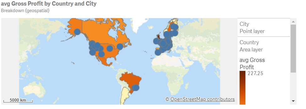 Análise geoespacial mostrando a média de lucro bruto por país e cidade em um mapa.