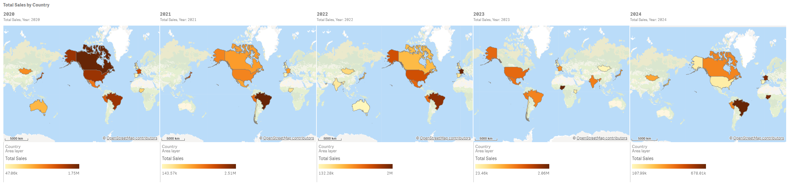 Contêiner de treliça contendo 5 gráficos de mapa, um para cada ano nos dados do aplicativo.