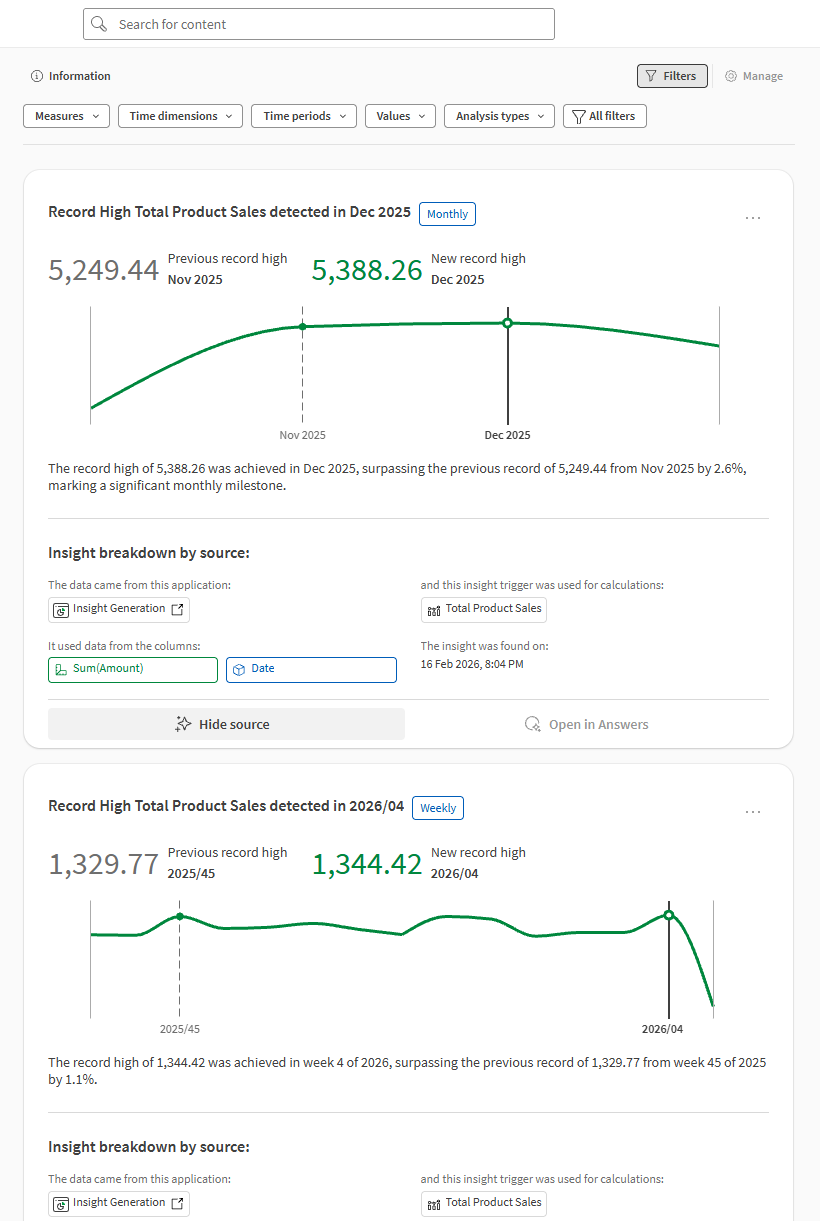 Cartões de insight no feed do centro de atividades.