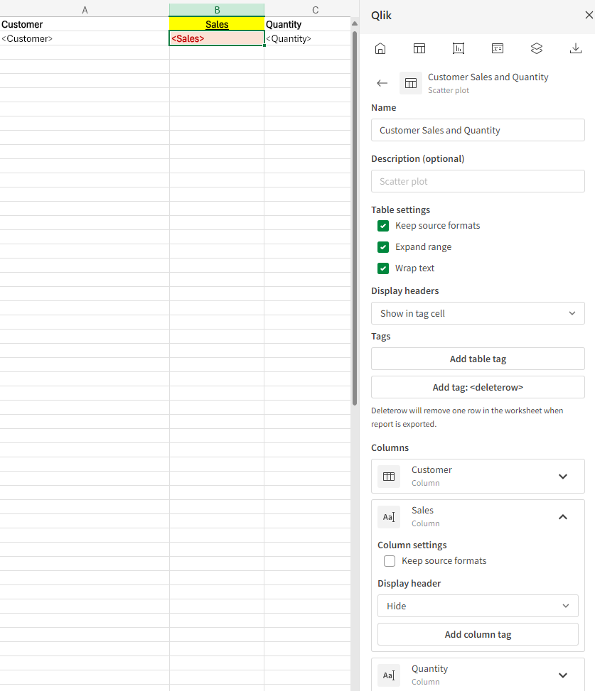 Modelo de relatório mostrando tags e cabeçalhos de colunas individuais com diferentes configurações de formatação para cada coluna