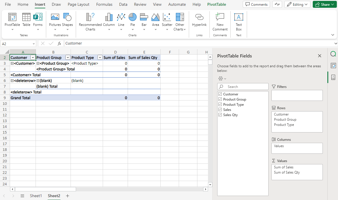 Definições de configuração para tabela dinâmica nativa do Excel