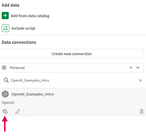 Guia "Adicionar dados" do editor da carga de dados, com uma chamada para o ícone "Selecionar dados"