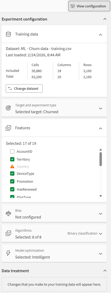 Painel de configuração do experimento com alvo selecionado, tipo de experimento e seleção de recursos padrão.