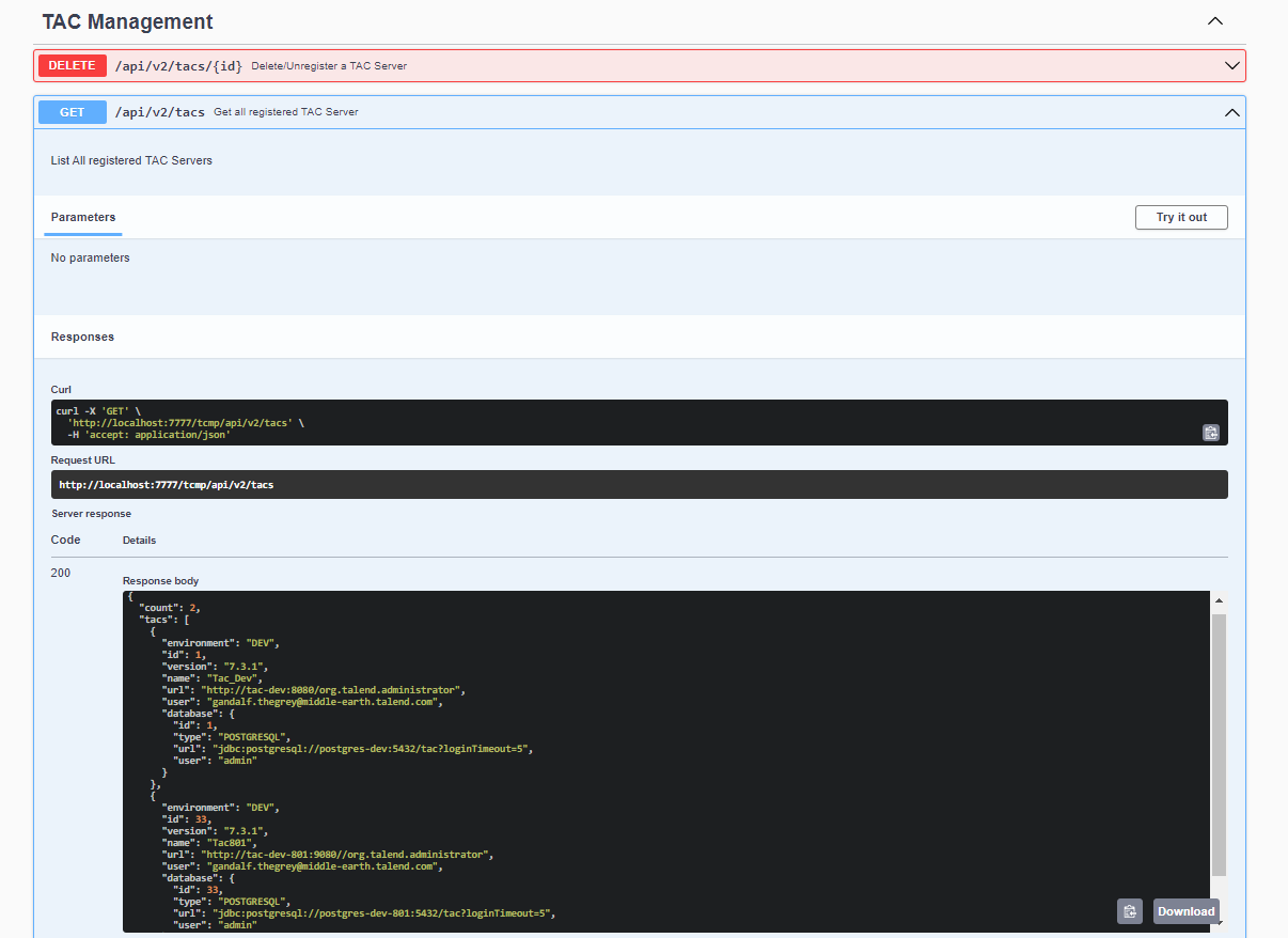 Documentação da API para uma API que ajuda você a obter todos os servidores TAC registrados.