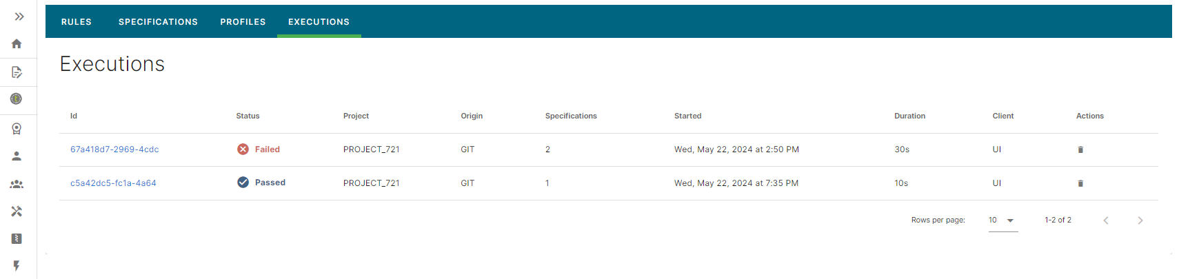 Lista de todas as execuções.