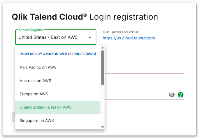 Diferentes regiões do Talend Cloud que você pode selecionar