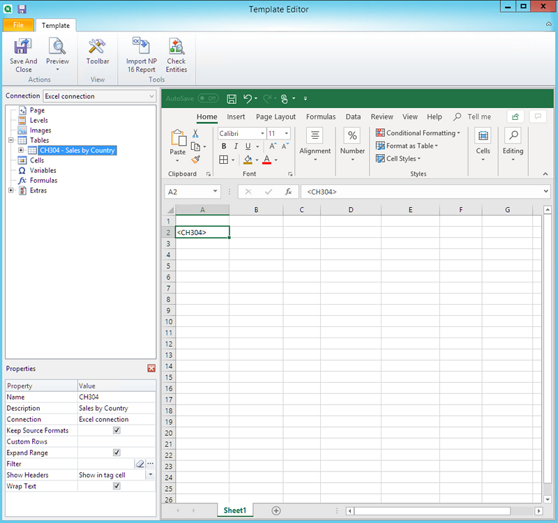 Excel report template with one table added to the sheet.