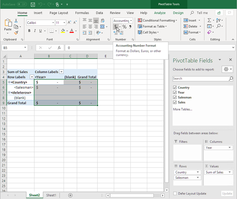 Excel report template creation with pivot table.