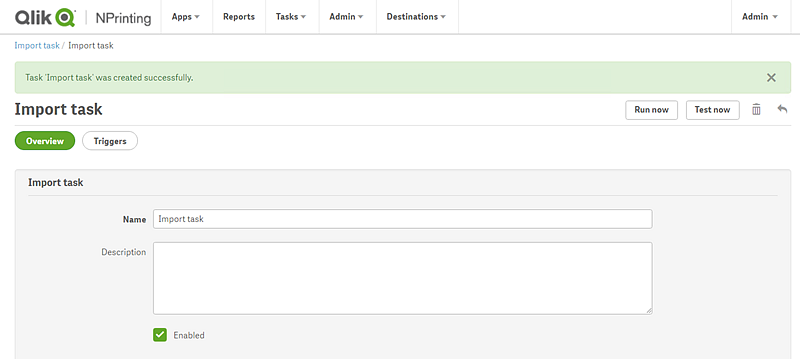 NPrinting import task successfully created