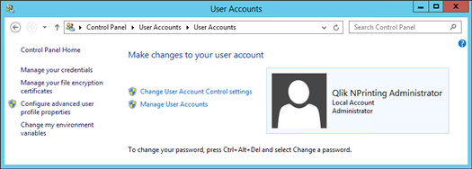 Janela Contas de usuário do Windows Server mostrando uma conta de administrador.