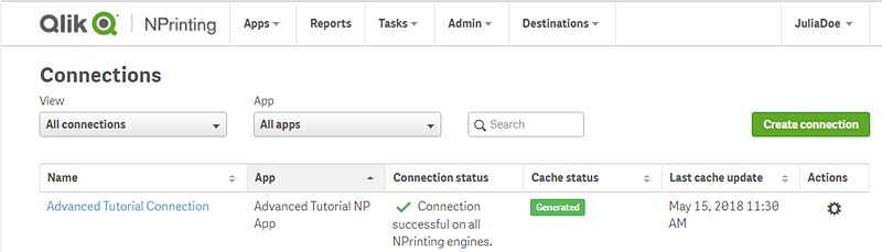 Successful generated Qlik Sense connection.