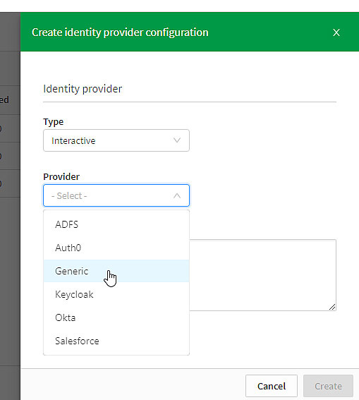 Ao criar uma configuração de provedor de identidade interativa, escolha uma opção em uma lista de vários provedores diferentes.