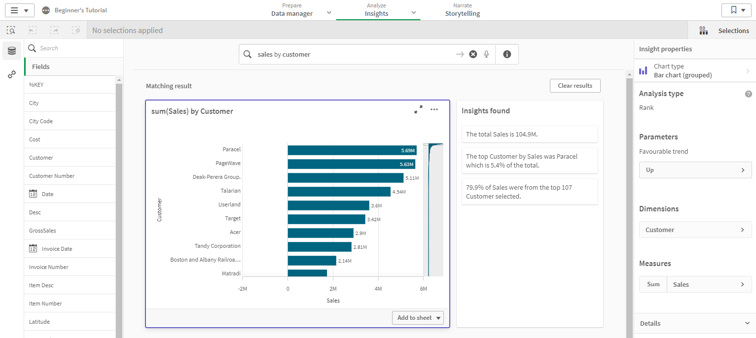 Gráfico de barras de resultados correspondente para a consulta "sum(Sales) by Customer" que inclui três insights narrativos na seção "Insights encontrados".