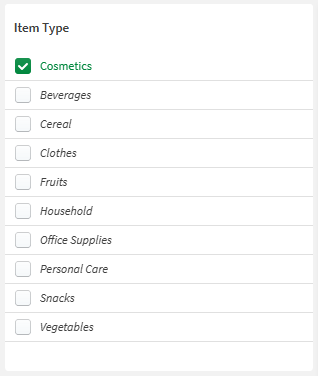 Painel de filtro no modo de análise, usando o modo de caixa de seleção.