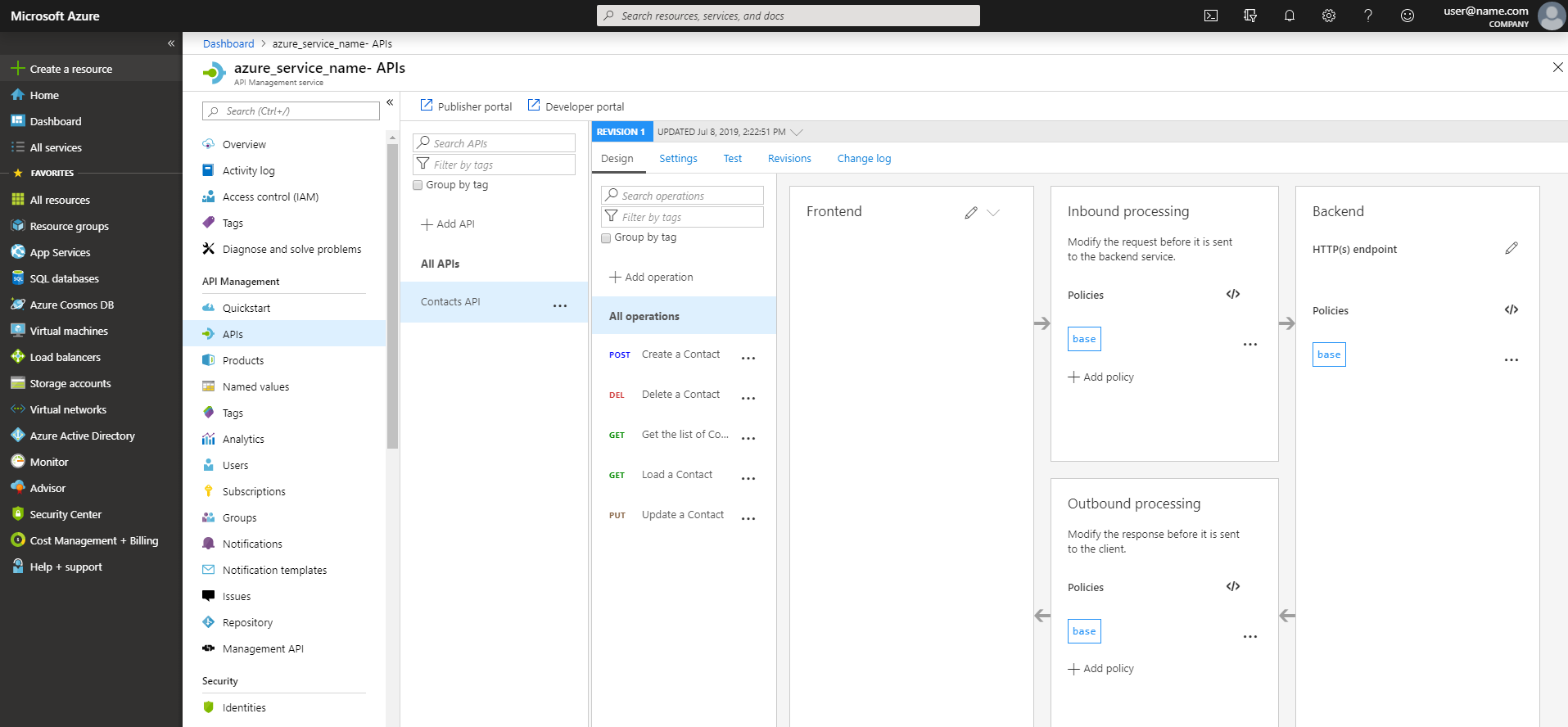 Определение API на портале Azure.