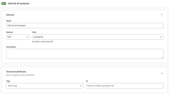 Пример создания метода GET с именем "Get list of contacts" и путем /contacts/.