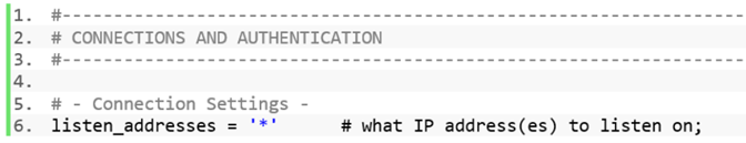 Listen_addresses, под заголовком Connection and Authentication (Подключение и проверка подлинности).