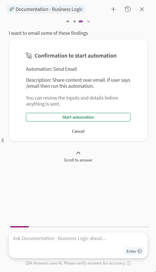Qlik Answers showing a confirmation to start automation message. The message provides the name and description of the automation, with a start automation button.