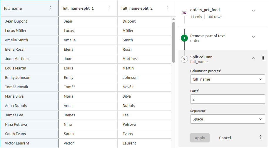 Полные имена разделены на две новые колонки
