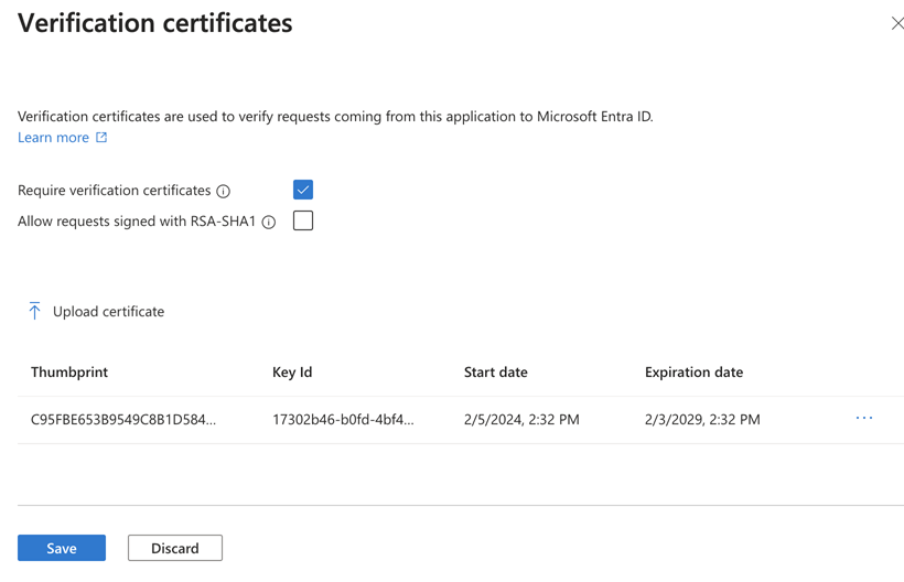 Панель Verification certificates upload (Загрука сертификатов верификации).