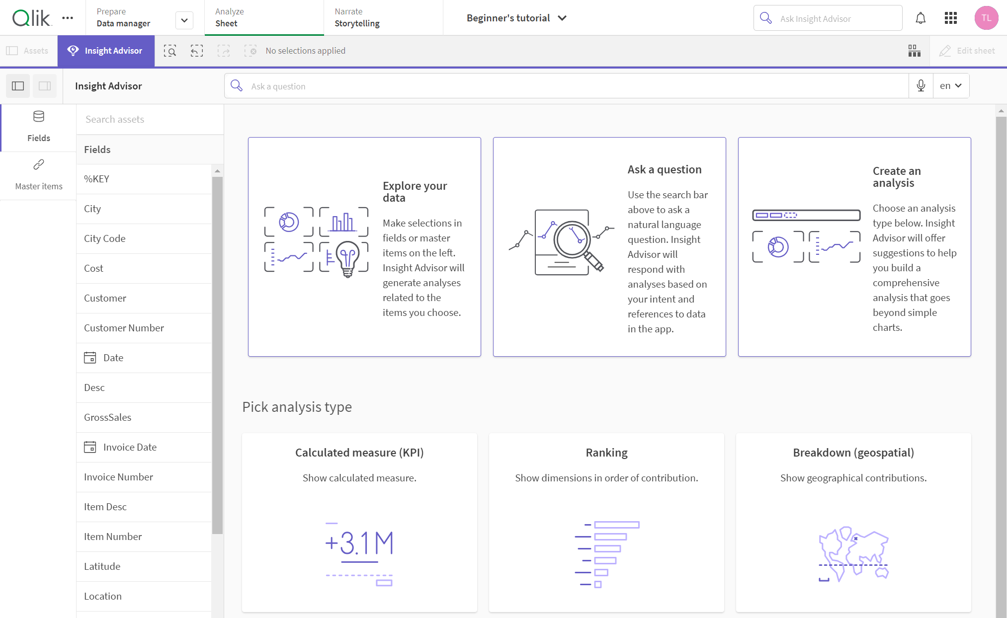 Кнопка «Insight Advisor» для вызова Insight Advisor.