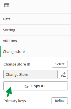 Clicking the 'Copy ID' button in the write table properties to obtain the change store ID