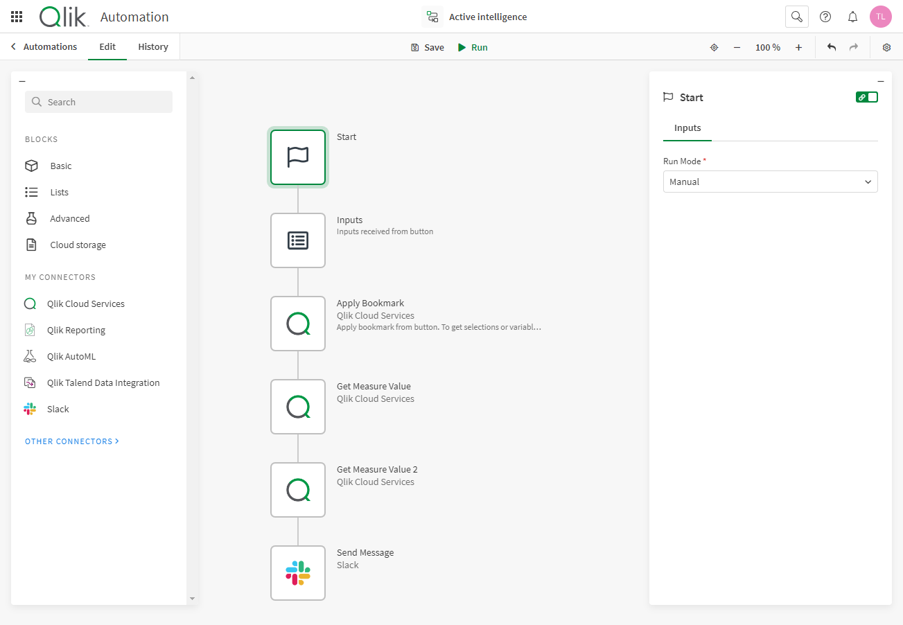 Qlik Application Automation editor section showing the edit screen and a simple input-output automation