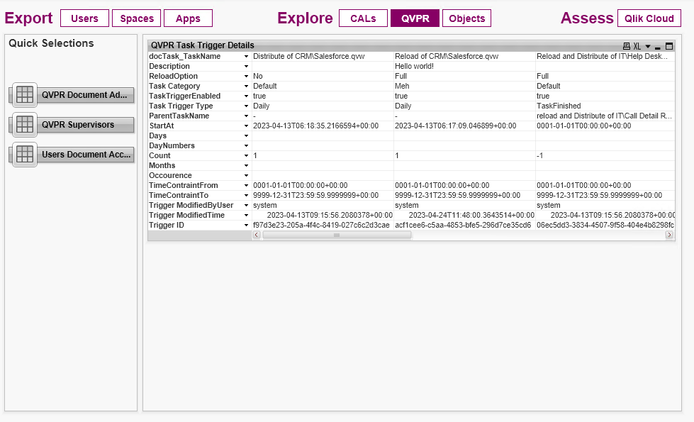 Вид Explore Reload Tasks (Исследовать задачи перезагрузки) на вкладке Migration Tools (Инструменты миграции) в приложении QlikView to SaaS Migration App