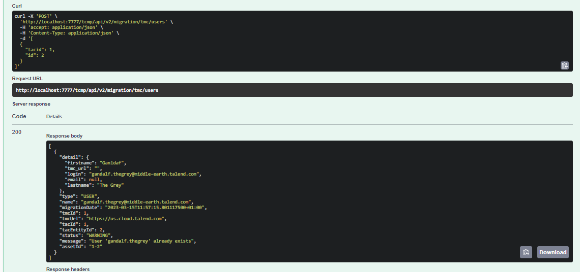 Пример тела ответа для получения сведений о перенесенном пользователе.