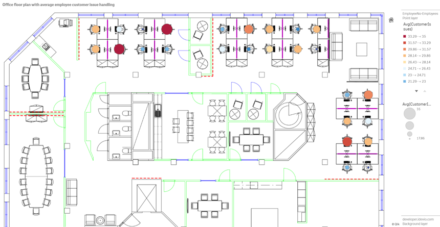 Click to view full size Map example with floor plan image background with a point layer showing employees sized by the number of customer issues they have resolved