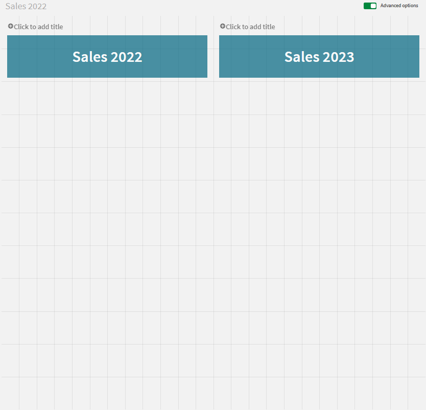 Лист «Продажи 2022» с двумя кнопками, на которых отображаются метки «Продажи 2022» и «Продажи 2023» соответственно.