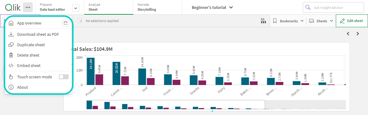 Основное меню для листа в Qlik Sense Enterprise.