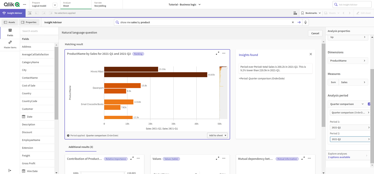 Click to view full size Insights chart with Quarter comparison calendar period applied. A bar chart is displayed showing the sum of Sales by Product name. Products have two sum of Sales bars, one for the current quarter and one for the quarter two quarters previous