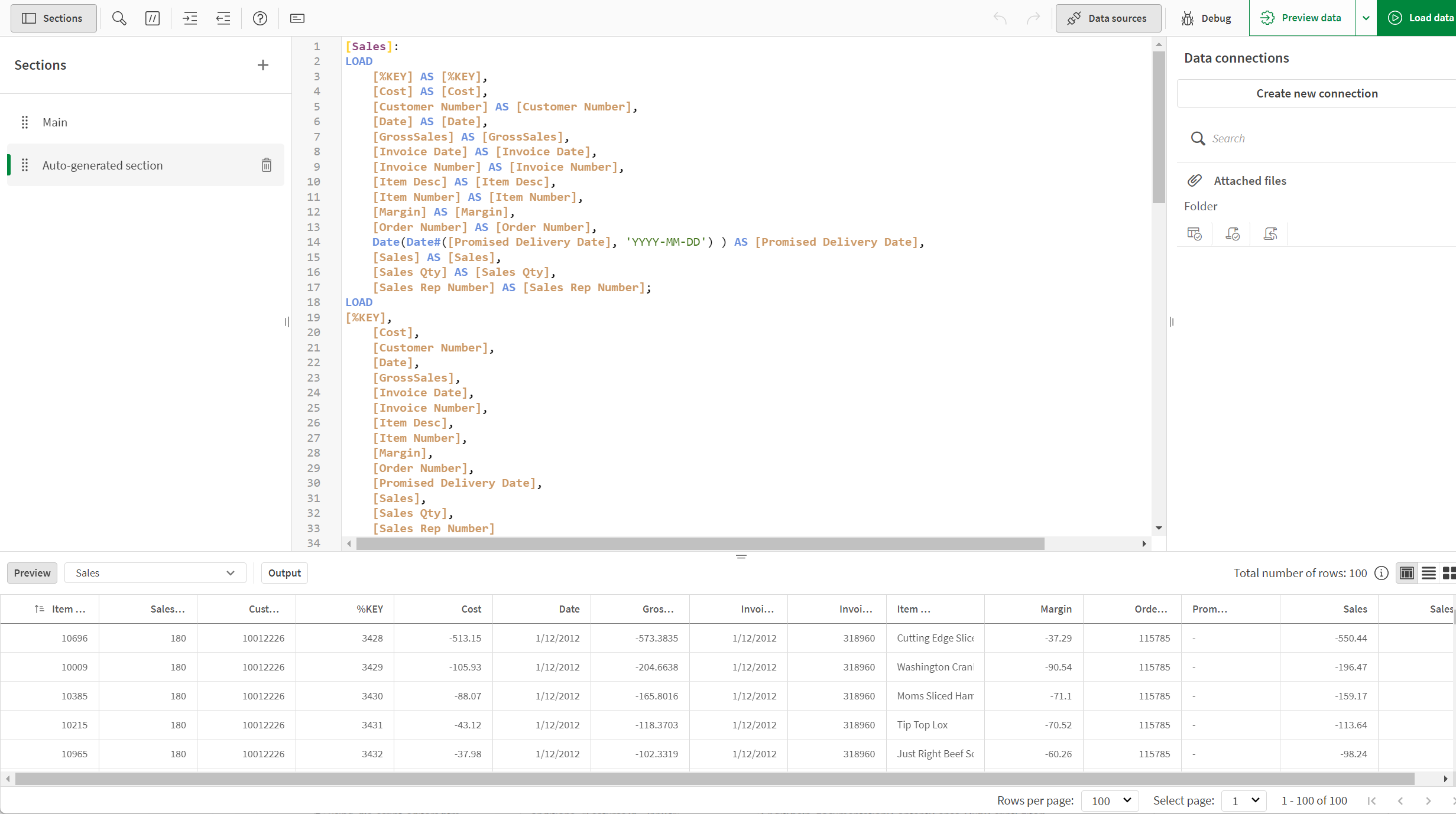 Click to view full size Preview of the loaded data, showing the table Sales in table view of Preview.