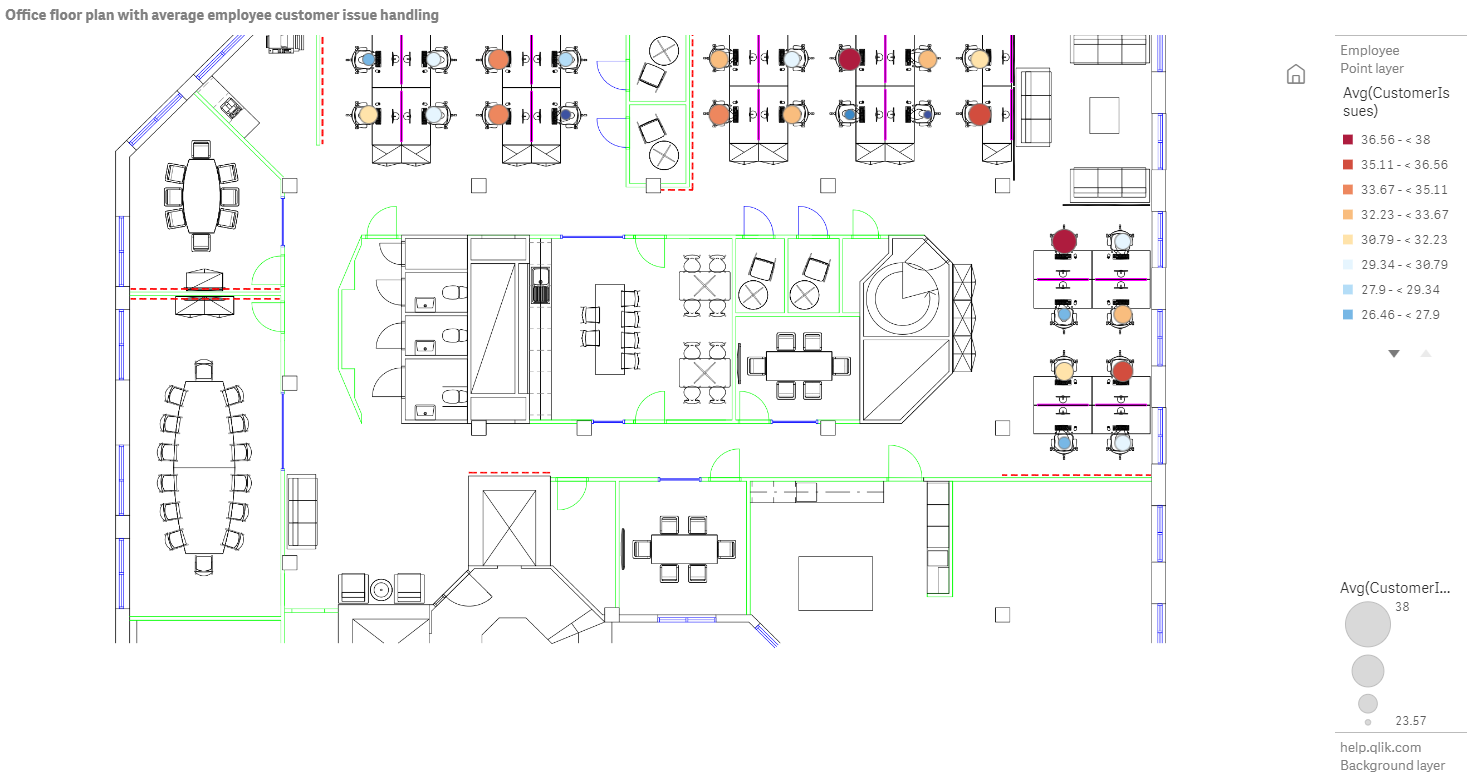 Click to view full size Map example with floor plan image background with a point layer showing employees sized by the number of customer issues they have resolved