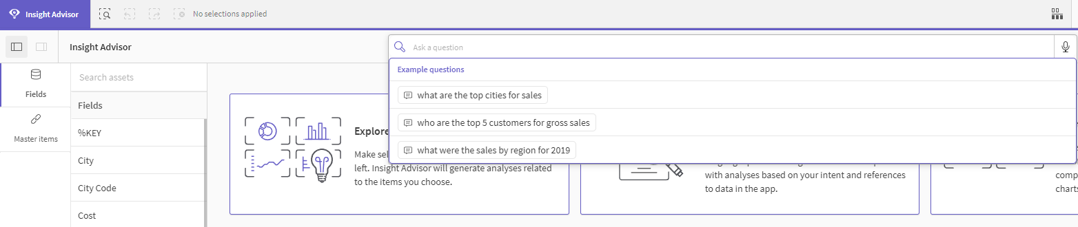Click to view full size Insight Advisor open in a Qlik Sense app, with example questions populated in the search dropdown menu