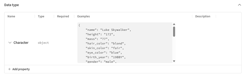 Skärmbild av datatypen Character som genererades från ett JSON-exempel.