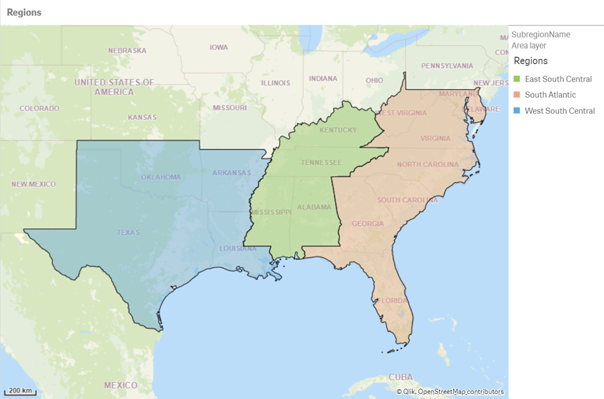 Karta där en region är vald som nu visar upplösta underregioner
