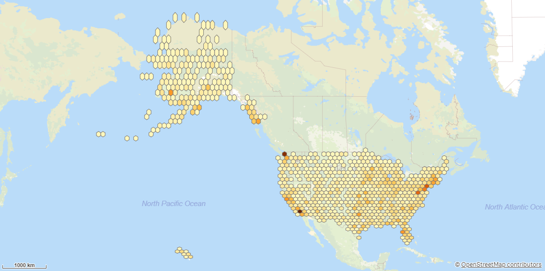 En karta indelad i färgkodade sexkantiga bins.