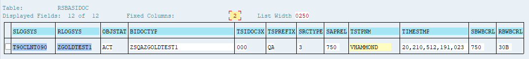Datawebbläsare som visar tabellen RSBASIDOC
