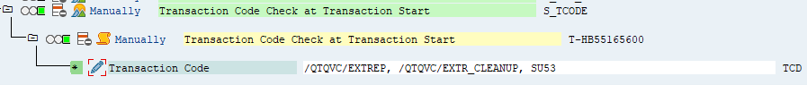 SAP-gränssnitt som visar behörighet för QTQVC-transaktioner.