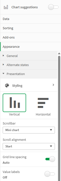 Egenskapspanelen för ett stapeldiagram, som visar delavsnittet presentation med vertikal layout vald.