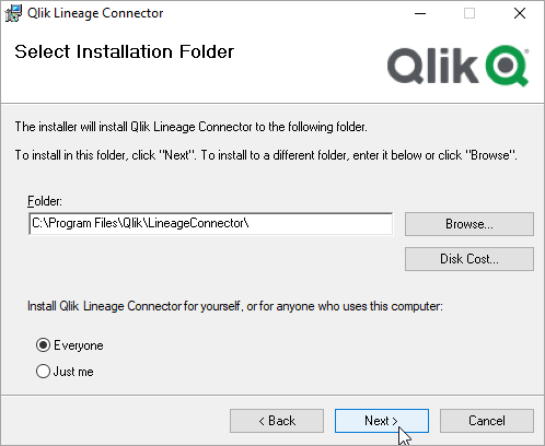 Välj mappen där du vill spara programvarupaketet Qlik Lineage Connector