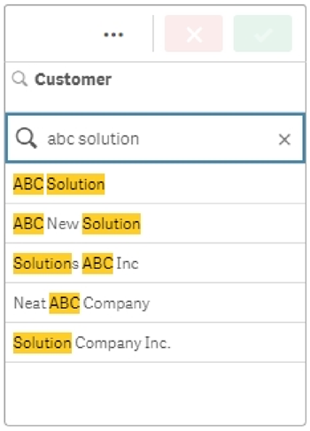 Textsökning efter två separata söksträngar: "abc" och "solution", avdelade med ett blanksteg.
