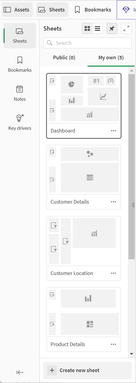 En öppen assets panel som visar arken i appen.