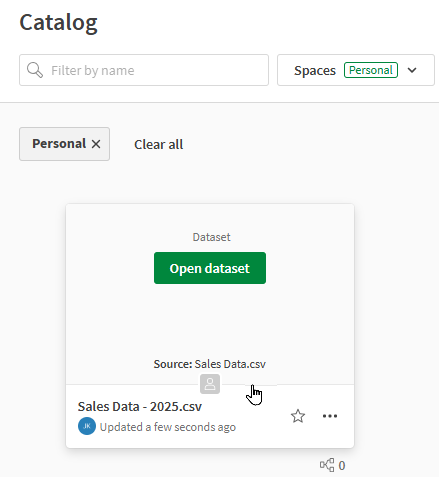 Katalogöversikt som visar både namnet på en datauppsättning och dess underliggande datafil