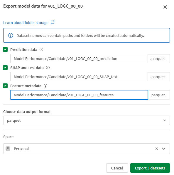 Dialogrutan för att exportera datauppsättningar från fliken "Analysera" i ML-experimentet.
