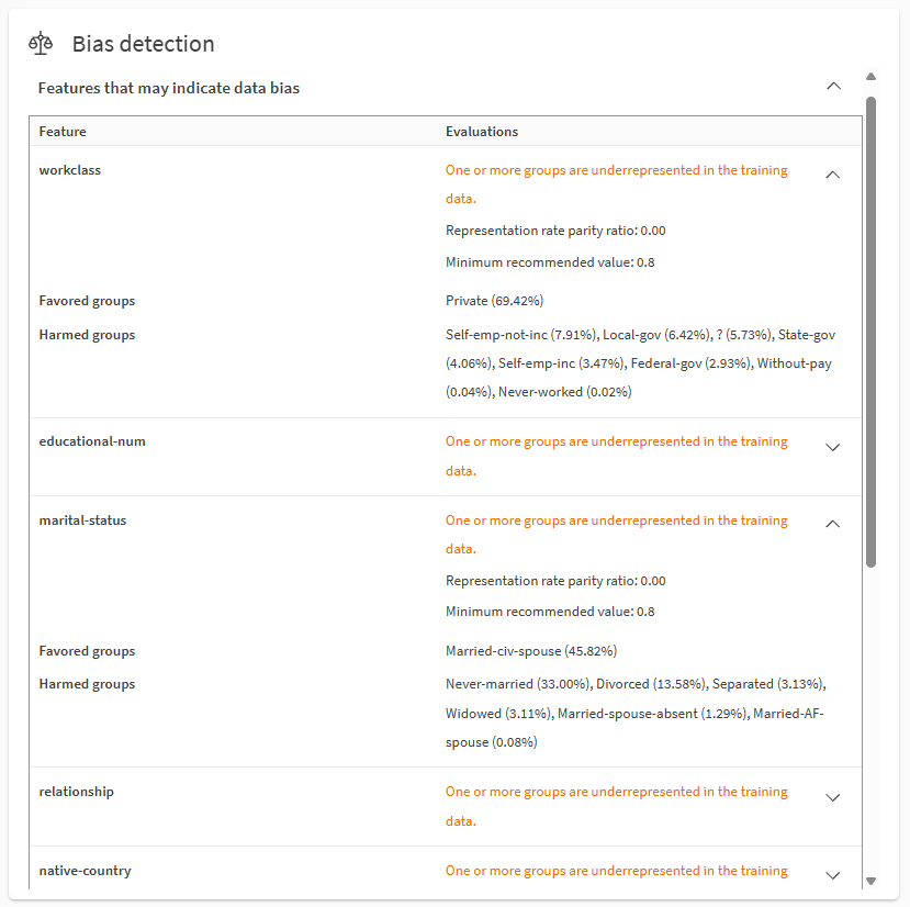Analysera databias med hjälp av delavsnittet Biasdetektering på fliken Modeller.