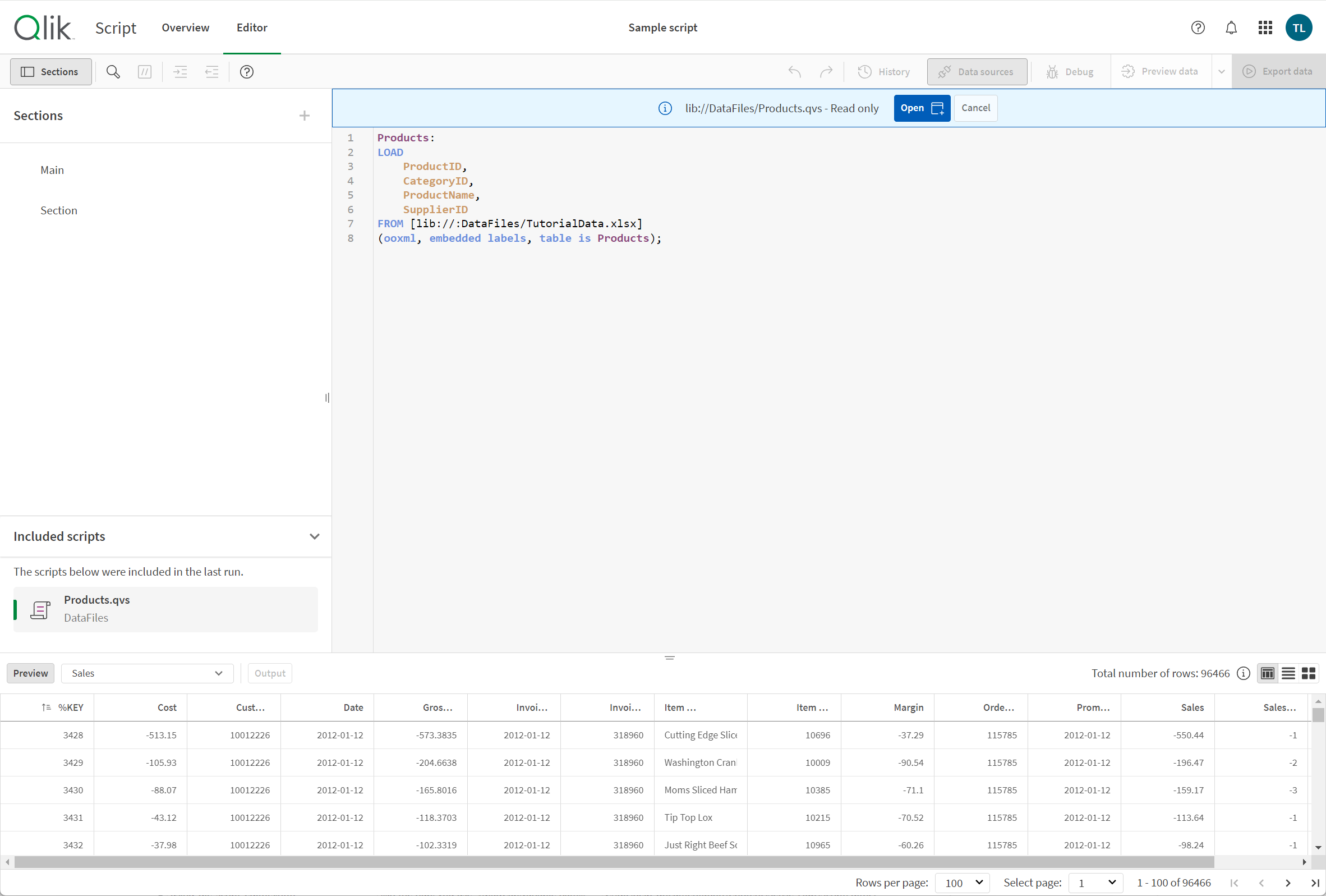 Skriptredigerare som visar ett QVS-skript som har valts i Included scripts (inkluderade skript).